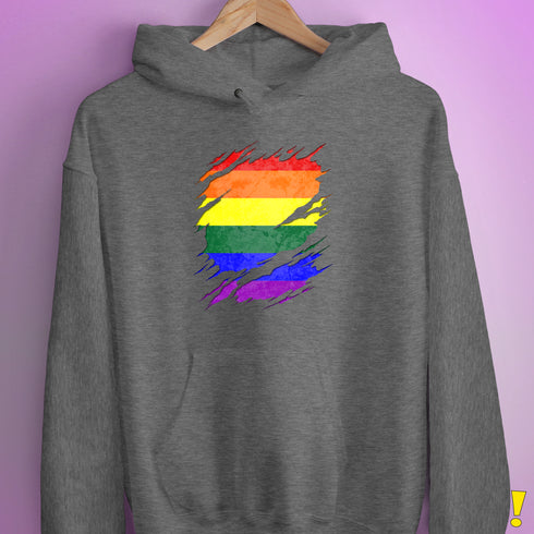 LGBTQ Pride Flag Ripped Reveal Hoodie - Grey Heather